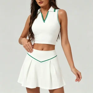Women’s Sports Casual Tennis Skirt Set Sleeveless Yoga Top with Built-In Bra Dance Training Activewear Outfit