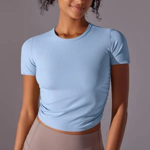 Women’s Sports Elastic Gym Tops Breathable Short Sleeve Yoga T-Shirts Plain Ribbed Sportswear