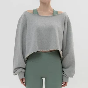 Women’s Sports Off shoulder Sweatshirt Oversized Casual Yoga Top Distressed Hem Cropped Long Sleeve Tshirt Customizable Logo