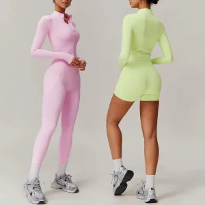 Women’s Sports Zip Up Yoga Jacket Set Activewear Long Sleeve Fitness Top Gym Fitness Yoga Leggings 2pcs Set