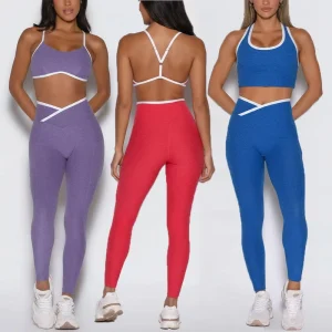 Women’s Sportswear Gym Fitness Sets Breathable Cross Waist Push Leggings Bra Striped Workout Running Clothes Activewear