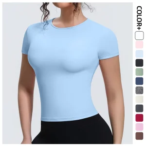 Women’s Sporty O Neck Short Sleeve Top Polyester Cotton Soft Breathable Quick Dry Slim Fit for Yoga Training Summer