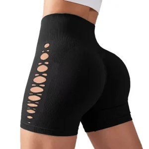 Women’s Sporty Three Quarter Length Yoga Shorts Hip Lifting Peach Shaped Back Side Cutouts Nylon Spandex Running Fitness Shorts