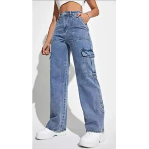 Women’s Spring Autumn Cargo Jeans Breathable Denim Casual Trousers with Multi Pocket Vintage Washed Wide Leg Pants Mid Waist