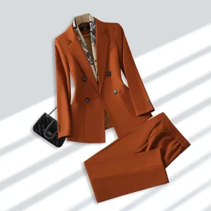 Women’s Spring Autumn New Style High Quality Figure Fitting Small Business Suit Set Caramel Color Coat