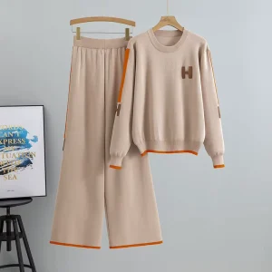 Women’s Spring Autumn O-Neck Long Sleeve Knitted Casual Shirt Two-piece Set Letter Sweater Color Contrast