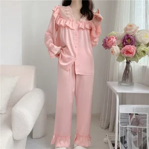Women’s Spring Autumn Pure Style Sexy Two Piece Loungewear Set Long Sleeve Long Pants Lightweight Pajamas