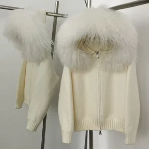 Women’s Spring Autumn Sweater Knitted Cardigan Casual Mongolian Fur Collar Hooded Jacket Tibet Sheep Fluffy Cotton