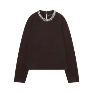 Women’s Spring Beading O Neck Pullover Sweater Long Sleeve Knitted Top Solid White