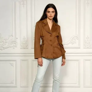 Women’s Spring Blazer Stylish Slim Fit Double Breasted Long Sleeve Tie Waist Patchwork Woven Print Design