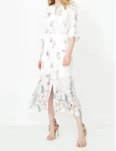 Women’s Spring Breathable Ruffles Natural Waist White Flower Vintage Mexican Knee Length Dresses