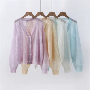 Women’s Spring Cardigan Sweater Jacket Thin Mohair Loose Wool Casual V-neck Full Sleeve Anti-Pilling Lightweight Breathable