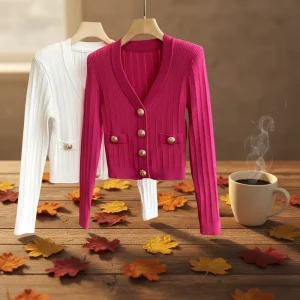 Women’s Spring Casual Office Wear Basic Solid Slim Fitted Breathable Knit Cardigan V Neck Long Sleeve Single Breasted 7 Button