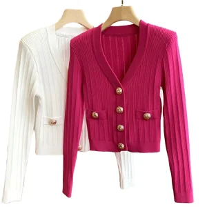 Women’s Spring Casual Office Wear Basic Solid Slim Fitted Breathable Nylon Viscose Computer Knit Cardigan V Neck Long Sleeve