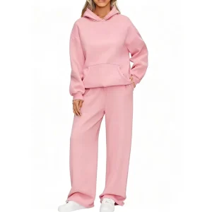 Women’s Spring Casual Sports Sweatshirt 2 Piece Long Set Hoodies Blank Thick Fleece Heavy Weight Embroidered Solid