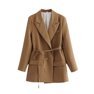 Women’s Spring Fall Casual Tie Belt Blazers Business Suits Elegant Anti Wrinkle Long Sleeved Jacket Pocket Solid Color