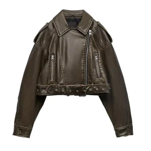 Women’s Spring Fashion Belt Faux Leather Jacket Vintage Short Zipper Long Sleeve Coat Chic Tops