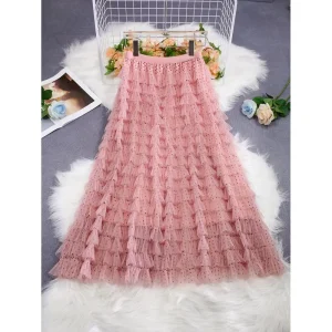 Women’s Spring Floral Skirt Elastic High Waist Long Pleated Skirt Slimming Mid-Length Chiffon Pleated A-Line Skirt