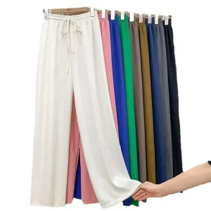 Women’s Spring Formal Solid Pattern Wide Leg Pants High Stretch Waist Drawstring Loose Long Rib Knitted Trousers
