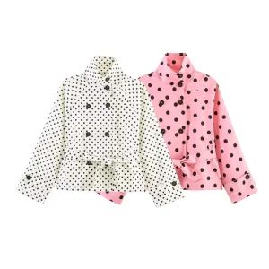 Women’s Spring Jackets Fashion Pink Polka Dot Elegant Loose Belt Warm Coats New Street Youth Travel Jackets