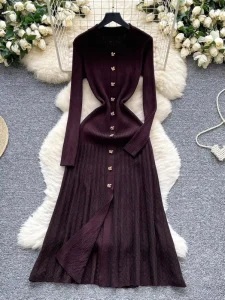 Women’s Spring Maxi Knit Dress Long Sleeve V neck Breathable Bodycon Silhouette Office Commute Formal Nylon Simple Button