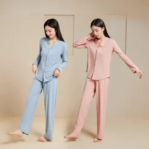 Women’s Spring New Long-Sleeved Tencel Sleepwear Pajamas Set Breathable Cotton Homewear Suit