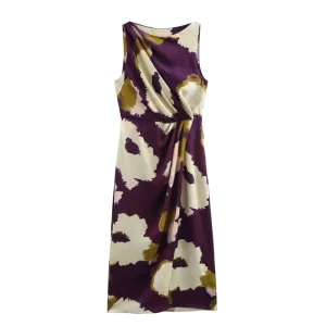 Women’s Spring New Pleated Decorative Printed Sleeveless Midi Dress 2671189