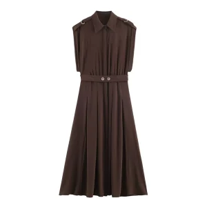 Women’s Spring New Resort Style Pleated Collar Sleeveless Midi Dress with Belt