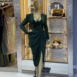 Women’s Spring New Sweet Sexy Elegant V neck Slim fit High Waist Pleated Mid length Dress