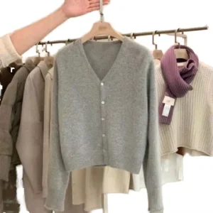 Women’s Spring New V-neck Knitted Cardigan Raglan Sleeve Loose 100% Cotton Anti-Wrinkle Vintage Sweater