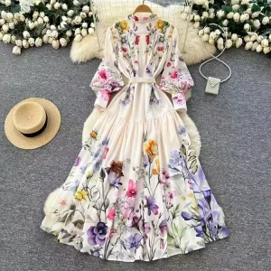 Women’s Spring Satin Dress Flowers Modern Elegant Regular Sleeve Scoop Neck Tea Length A Line Cocktail Party Dress