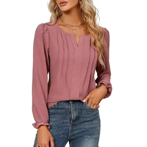 Women’s Spring Summer Casual Solid Color V neck Long sleeve Striped Chiffon Blouse Top for Women