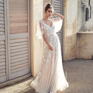 Women’s Spring Summer Deep V Mid Length Lace Backless Evening Dress Gown