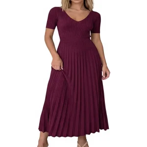 Women’s Spring Summer Floor Length Sweater Dress 100% Viscose Simple Casual Solid Elegant Pleated Ribbed Short Sleeve V