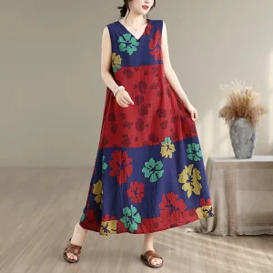 Women’s Spring Summer Floral Print V-neck Spaghetti Loose Fit Long Maxi Dress