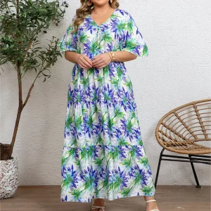 Women’s Spring/Summer Full-Printed Casual Dress V-neck Plus Size Plant Print Loose Fit Holiday Beach Wear Woven Comfortable