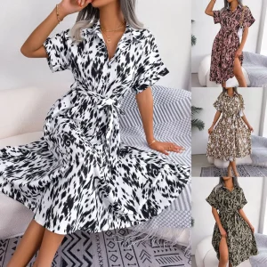 Women’s Spring Summer Leopard Print Shirt Dress Lapel Collar Short Sleeve Belted Waist Loose Fit Midi Dress