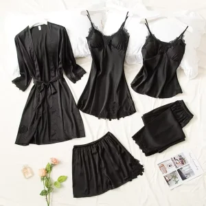 Women’s Spring Summer Sexy Faux Five Piece Satin Breathable Pajama Set Camisole Short Sleeves Shorts Nightdress Robe Chest Pads
