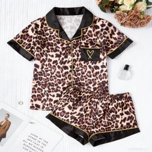 Women’s Spring Summer and Autumn Two Piece Loungewear Set Short Sleeved Leopard Print Casual Pajamas