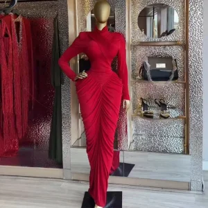 Women’s Spring Sweet Stylish Elegant Pleated Slim Fit High Waist Turtleneck Long Maxi Dress