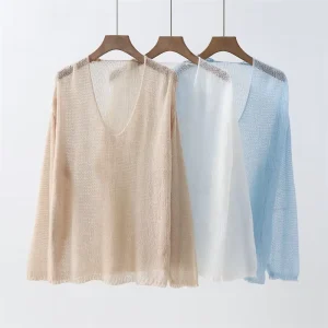 Women’s Spring Thin Long Casual Breathable Quick-Dry Anti-shrink Knitted Wool Sweater V-Neck Soft Sticky Mohair Slightly