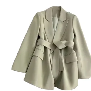 Women’s Spring and Autumn Cardigans Jacket Office Belt Lapel V-neck Casual Loose Long Formal Suit Coat