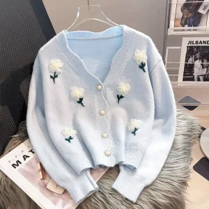 Women’s Spring and Autumn Outerwear Knitted Cardigan Sweater Coat Loose V Neck Top