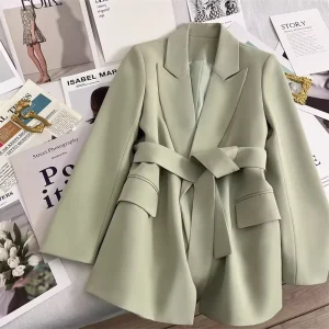 Women’s Spring and Autumn Suit Coat Cardigans Jacket Office Lady Long Sleeve Belt Lapel V neck Casual Loose Suit Coat