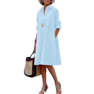 Women’s Spring and Summer Midi Woven Digital Printing Button V Neck Loose A-line Shirt Dress