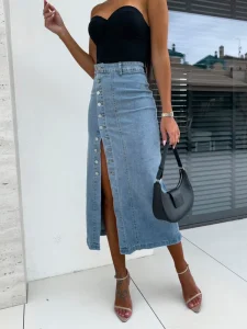 Women’s Spring and Summer Side-Buttoned Asymmetric Slit Denim Skirt High-Waisted Sexy Fitted Bodycon A-Line Denim Skirt