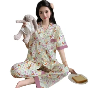 Women’s Spring summer Rustic Floral Print Short sleeve Long Pants Plus Size Loungewear