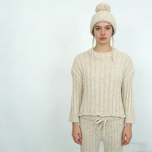 Women’s Sprinkle Cotton Sweater Set Ladies Crewneck Loungewear Outfit Chunky Rib 3 Pieces Crimping Pompom Beanies Suit