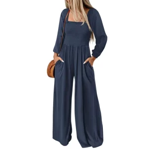 Women’s Square Collar Jumpsuit Loose One Piece Casual Romper Pockets Solid Print for Autumn Custom Digital Printing Jumpsuit