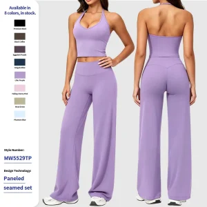 Women’s Square Neck 2 Piece Yoga Set High Waist Wide Leg Pants Full Length Top Four Way Stretch Workout Outfit Solid Front Low
